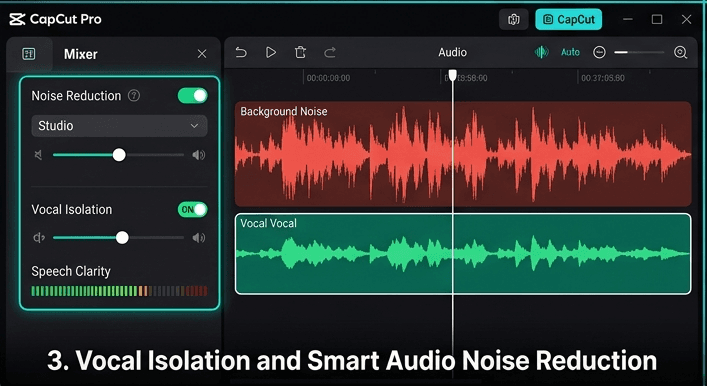 CapCut Pro Audio noise reduction and vocal enhancer panel